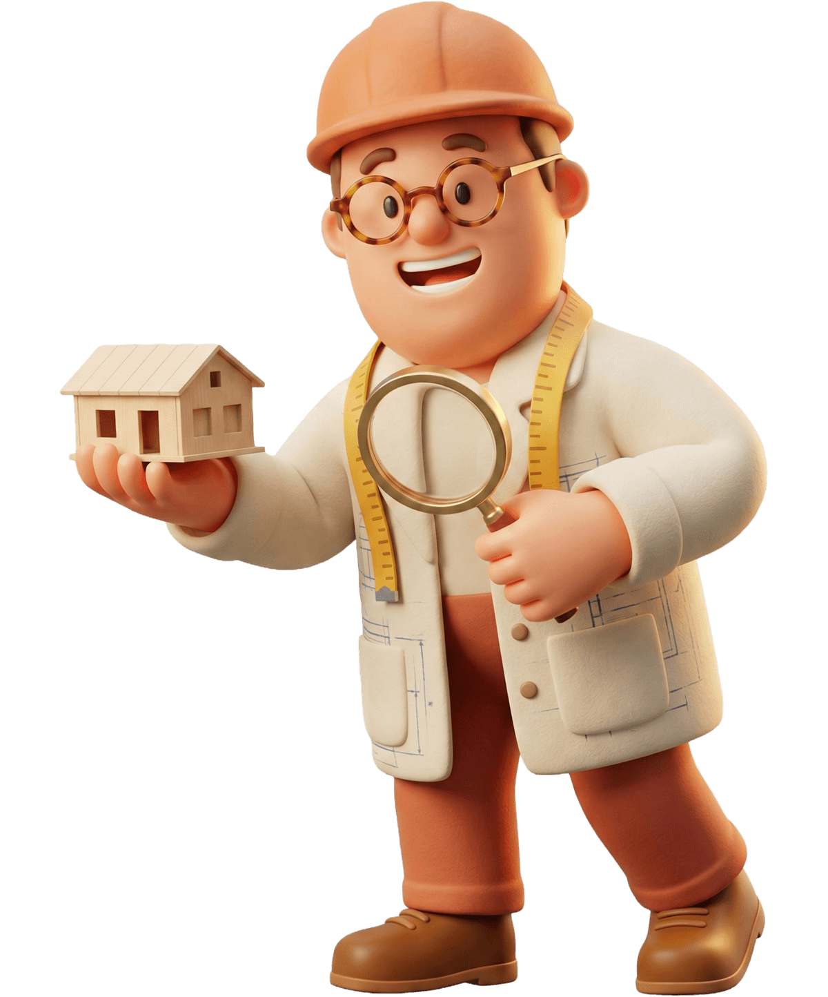 Wim, de Woning Inspecteur Meester van Zorgwoningvergelijker.nl, inspecteert een modulaire woning met vergrootglas