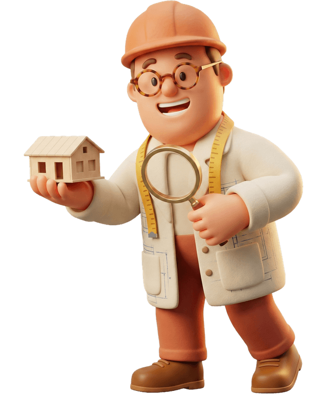 Wim, de Woning Inspecteur Meester en mascotte van Zorgwoningvergelijker.nl, met vergrootglas en miniatuurwoning